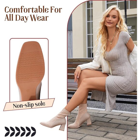 Women's Apricot Square Toe Low Block Heel Chelsea Back Zipper Mid Calf Booties - Picture 5 of 6